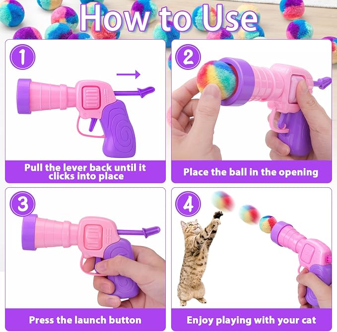 Mity rain 51PCS Cat Ball Launchers & Pom Pom Balls Interactive Cat Toy Set – Safe Soft Plush Kitten Toys for Indoor Cats, Fun Kitten Toys for Endless Active Play