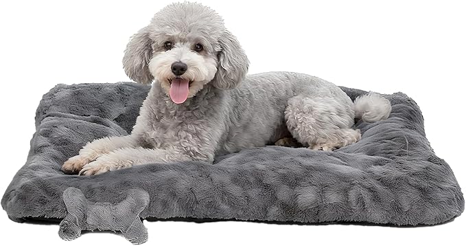 Washable Dog Bed for Small to Large Dogs, Calming Anti Anxiety Medium Dog Bed, Deluxe Plush Faux Fur Crate Beds, Comfy Fluffy Kennel Pad Pet Mat with Non-Slip Bottom, 41"x27", Dark Grey