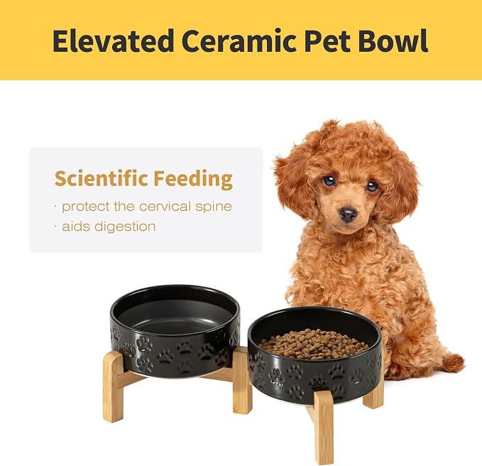 Elevated Ceramic Dog Bowl Set, Anti-Skid Bamboo Stand, Black, 5.1 inch | Food and Water Bowls with Fixed Non-Slip Rubber Ring, Microwave Safe, Easy to Clean, 1.6 Cup per Bowl, for Small-Breed Puppy