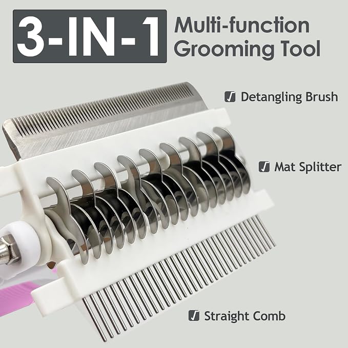 3-IN-1 Pet Grooming Brush, Undercoat Rake, Dematting Comb & Deshedding Tool | Pink Shedding Control Tool for Long Haired Dogs and Cats, Tangles & Loose Fur, Reduces Shedding & Prevents Hair Mess Removal