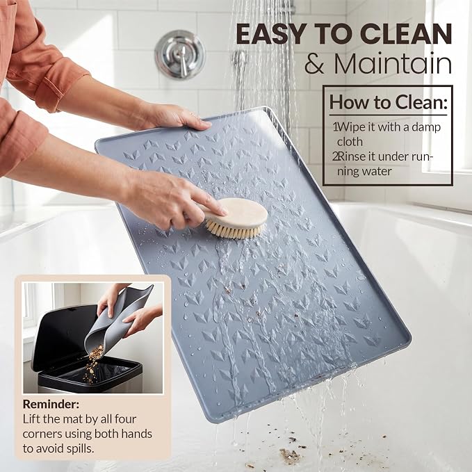 Silicone Pet Feeding Mat - 100% Waterproof Dog & Cat Bowl Pad with Raised Edges - Protects Floors from Messy Eaters & Spills - Anti-Slip, 100% PET-Safe, Dishwasher Safe (24"x16"x0.4", Grey)