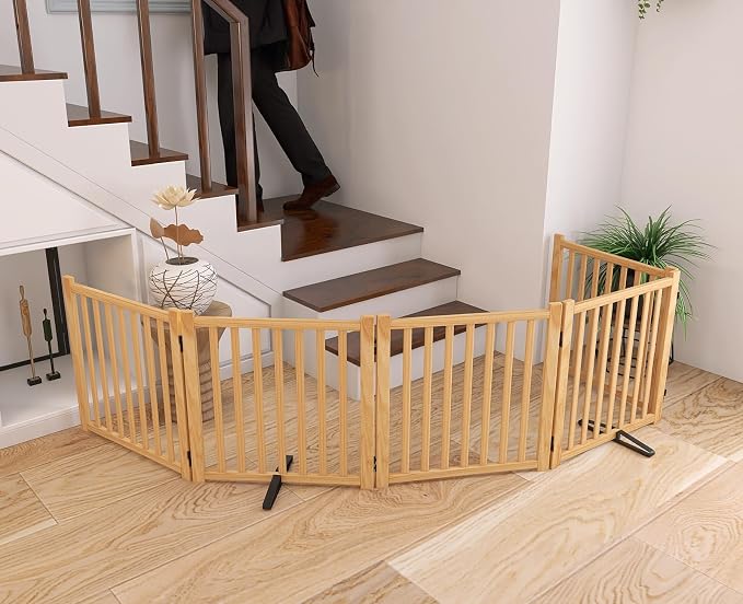 YOCAN Non-Painted Wooden Freestanding Dog Gates for The House, Doorways, Stairs,Wood Pet Fences Indoor Pet Gate,Step Over Fence-5 Panels L:115" H:23"