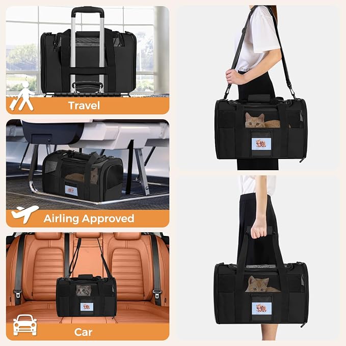 Soft Cat Carrier for Pets Up to 25 lbs, Cat Pet Travel Bag with Padded Shoulder Strap and Detachable Cat Food Bowl, Pet Dog Carriers for Small Dogs and Puppies, Travel Carry, Black