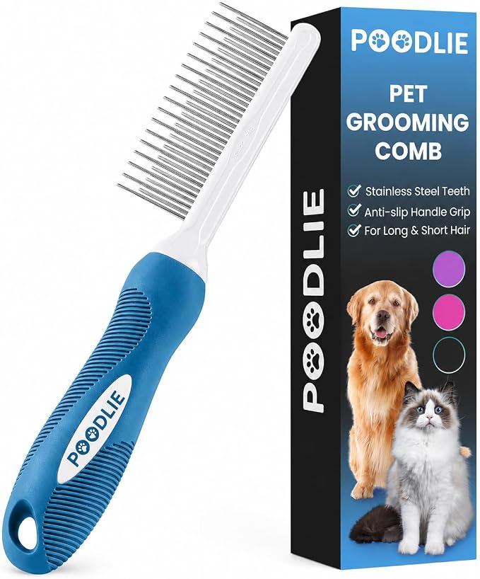Poodle Grooming Comb - Metal Dematting Comb with Long & Short Stainless Steel Teeth for Removing Matted Hair & Knots, Safe and Gentle for Dogs & Cats