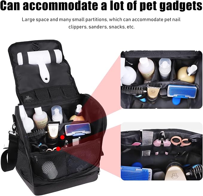 Dog&Cat Grooming Supplies Bag, Adjustable Compartments Wall Mounted Dog Grooming Bag for Pet Groomers, Cat Grooming Bag for Dog Clippers/Wipes/Hair Remover/Nail Trimmer/Brush/Comb/Shampoo