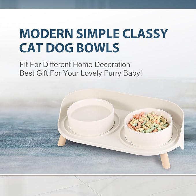 Raised Cat Food and Water Bowl Set - Elevated Ceramic Dishes with Non-Slip Stand and Splash Guard for Small Dogs - 2 x 320 ML (4.9 OZ) - White
