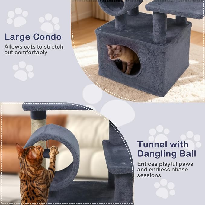 Multi-Level Cat Tree Tower, 48 Inches Tall with Sisal Scratching Posts, Condo, Tunnel with Dangling Ball Inside, Padded Top Perch, Multiple Jumping Platforms, Ideal for Indoor Cats (Dark Grey)
