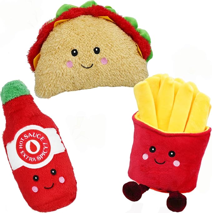 3-Pack Squeaky Dog Toys Funny Taco Plush Dog Chew Toys Set with Built-in Squeakers, Interactive Stuffed Pet Toys for Small Medium Large Dogs