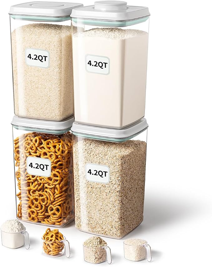 Airtight Food Storage Container with Pop Lid & 130ml Scoop, 4L/4.2qt *4 BPA-Free Cereal, Rice, Flour, Pasta & Snack Container, Stackable & Durable,Kitchen Pantry Organizer
