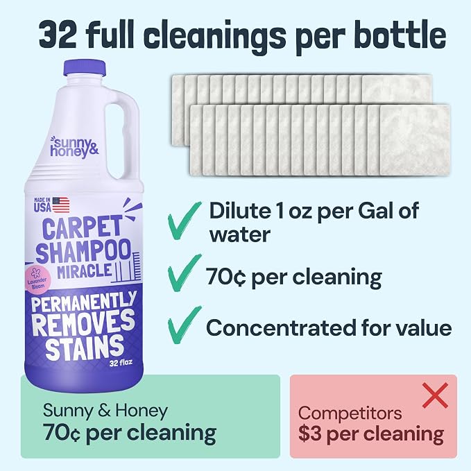 Sunny & Honey Carpet Cleaner Shampoo Solution for Machines, 32floz Lavender | USA Made - Stain and Odor Eliminator - Cleans Carpets and Upholstery - For Upright and Spot Cleaners - Concentrated Formula