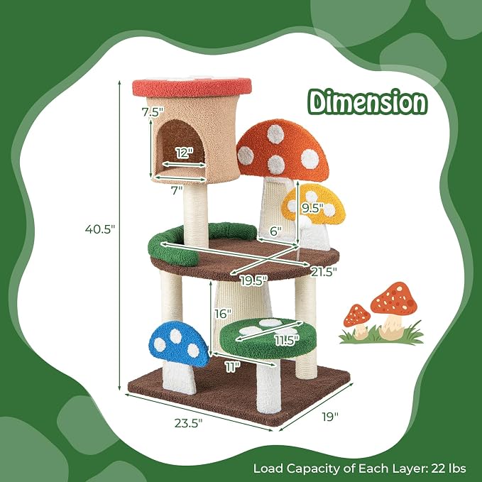 Tangkula Patented Mushroom Cat Tree, Cute Cat Tower with Full-Wrapped Sisal Post, Scratching Board & Spring Ball, Cat Condo, Flower Cat Tree Tower for Indoor Cats Large Adult (40.5 Inch)