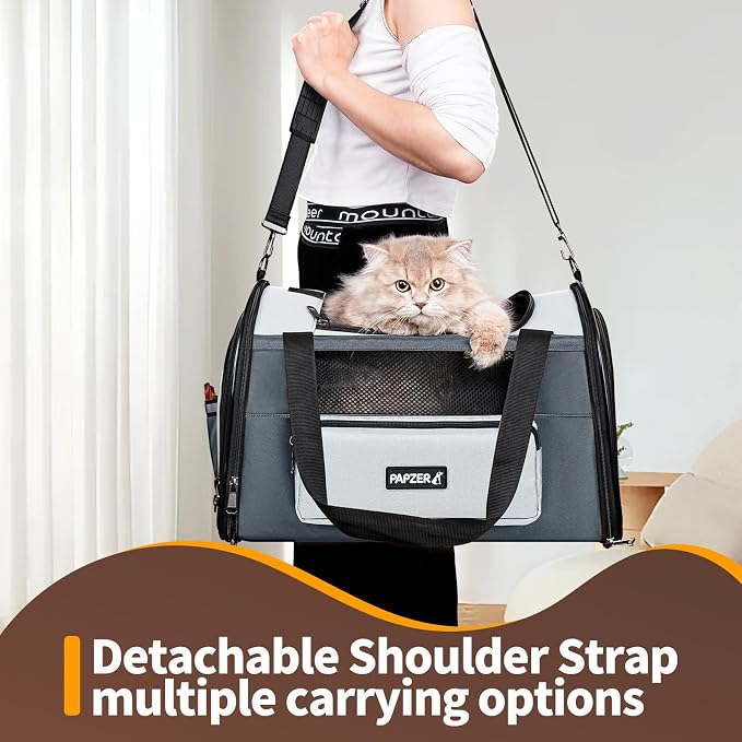 Collapsible Small Pet Carrier for Cat 15 lbs with Fashion Pocket, Lightweight Sturdy Travel Carry Bag Little Puppy Dog, Breathable Stylish Kitten Soft Cage Kennel, 17.7x11.0x11.8 Inch Grey