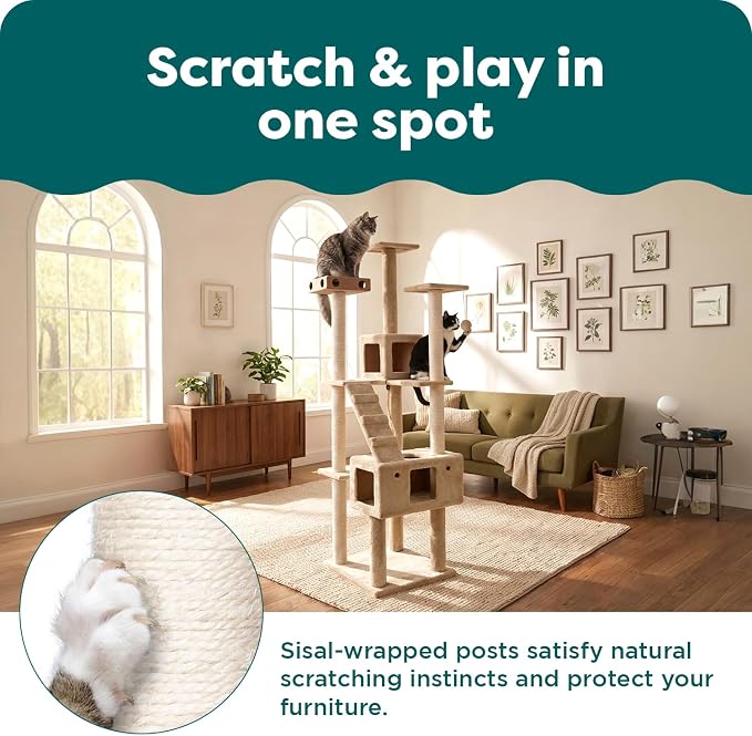 FurHaven 69.3" Tall Cat Scratching Post Tower for Indoor Cats, Sisal Cat Tree with 2 Condos, Tiger Tough Double Decker Playground, Toys & Perches for Cats, Sisal, Cream