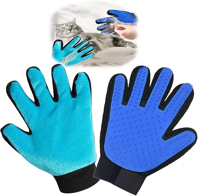 VCZONE 2 in 1 Cat Grooming Glove, Double-Sided Use Pet Hair Remover Glove, 1 Side is Gentle Grooming for Dogs, Cats, the Other is Effective Hair Remover for Furniture, Clothing (Blue, Right-Hand)