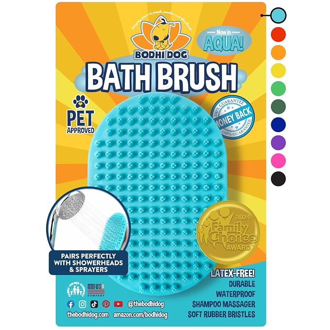 Bodhi Dog Shampoo Brush - Pet Grooming & Bath Supplies for Dogs and Cats - Bath Brush for Long & Short Hair - Premium Scrubber for Shower, Showerhead, Sprayer & Bathing (One Pack, Aqua)