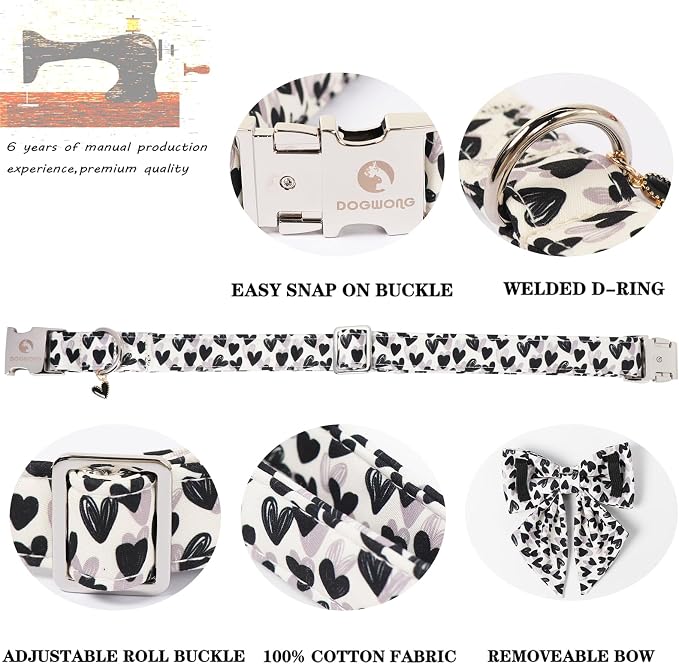 DOGWONG Valentine Dog Collar with Bow, Metal Buckle Adjustable Heart Bowtie Pet Valentine Collars for Small Dogs,L