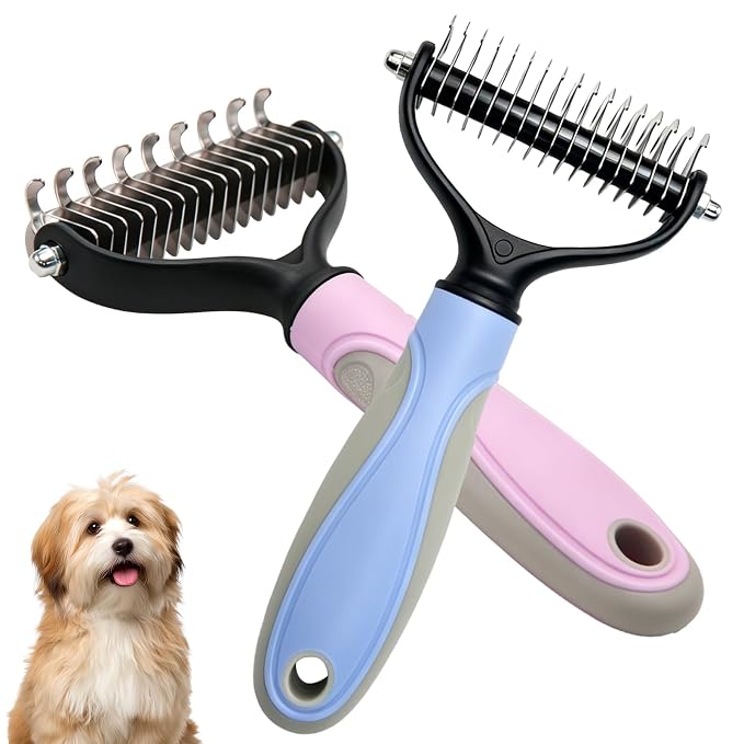 Pet Pro Grooming Tool, 2-In-1 Double-Sided Grooming Tool, Sided Deshedding Dematting Tool, Undercoat Rake for Dogs & Cats, Extra-Wide Dog Grooming Brush & Deshedder Comb for Long Hair(Blue + Pink)