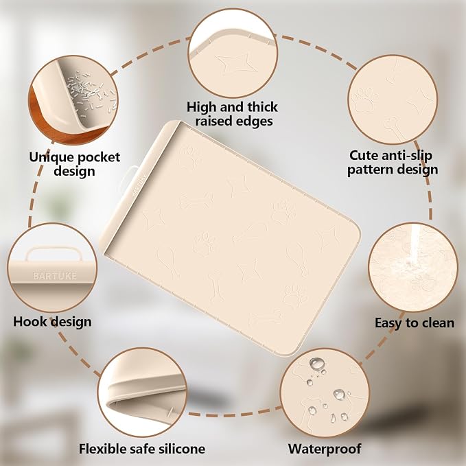 Cat Litter Mat for Litter Box 42" x 28", Large Silicone Mat, Beige | Waterproof Litter Trapping Mat with Residue Collection Pocket, Raised Edge, Non-Slip Pet Placemat for Floors