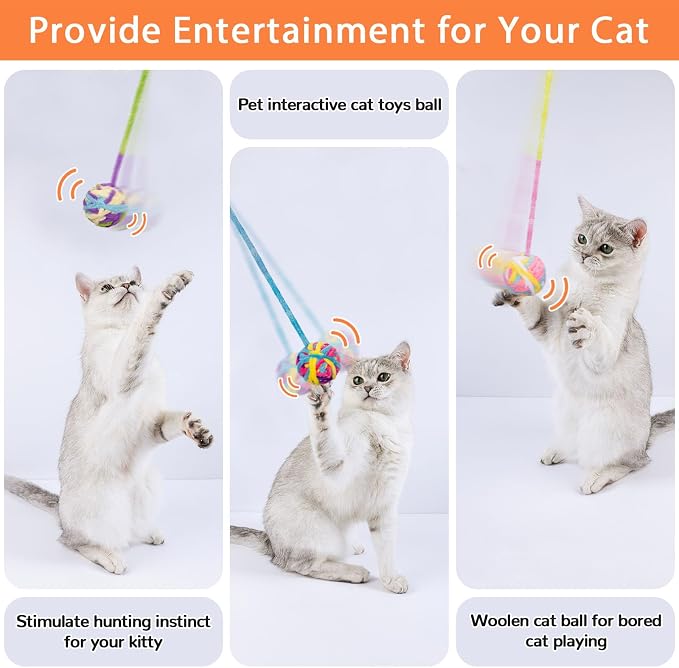 Retro Shaw Cat Toys Balls with Bells Inside, Kitten Toys Pack 6Pcs | Woolen Yarn Cat Balls, Soft Pompom Jingle Ball with String, Interactive Kitty Nip Toys for Indoor Cats