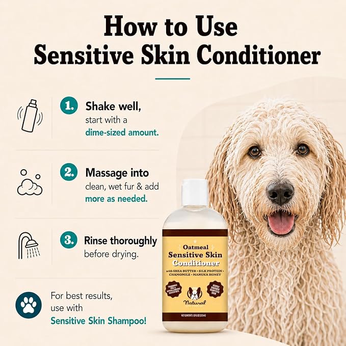 Natural Dog Company Sensitive Skin Dog Conditioner – Oatmeal Moisturizing for Sensitive & Itchy Skin, Detangling Grooming Formula for Long Haired Dogs, with Manuka Honey & Chamimile, 12 oz