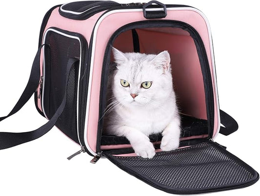 Soft Pet Carrier for Medium Cats and Small Dogs with Cozy Bed, 3 Doors, Top Entrance | Airline Approved, Escape-Proof, Breathable, Leak-Proof, Easy Storage (Pink)