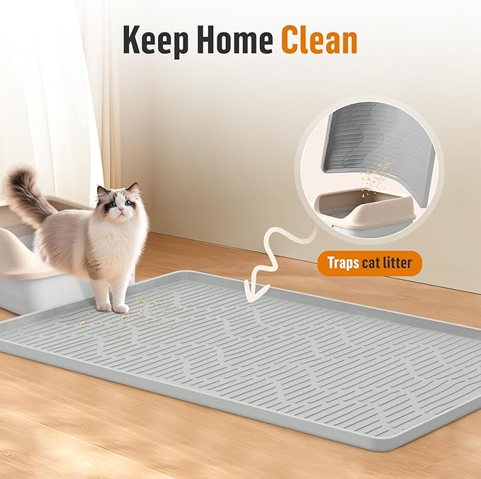 Silicone Cat Litter Box Mat 46"x 32" Extra Large Cat Rubber Mat | Cat Mat for Litter Box, Non-Slip, Waterproof Cat Litter Trapping Mat with Raised Edge, Kitty Litter Mat for Floor, Easy Clean