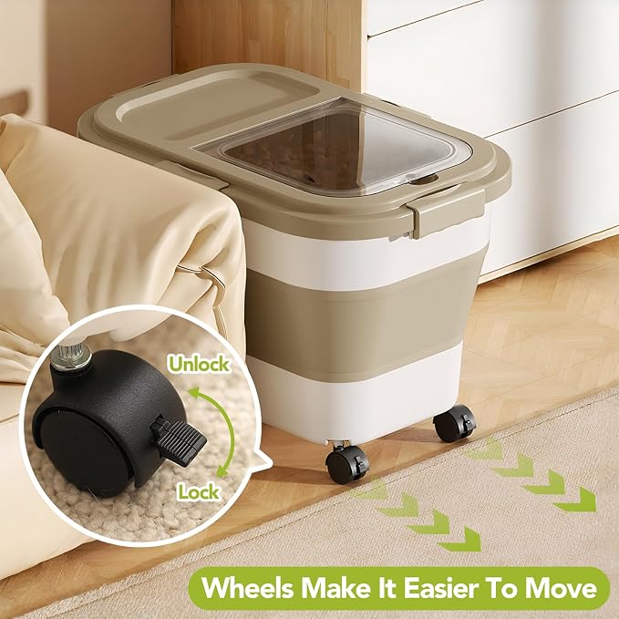 Summark Ca15 Lbs Dog/Cat Food Storage Container,Collapsible Food Storage Containers with Rolling Wheel Airtight Locking Lid,Pet Food Storage Container with Cup and Scoop,Khaki