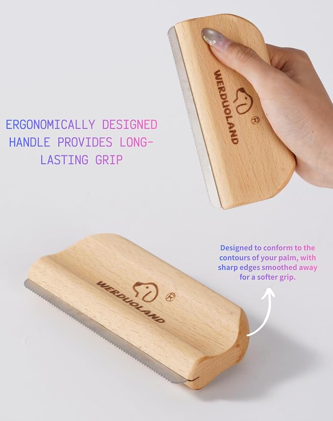 Deshedding Brush for Dogs and Cats, Wooden Ergonomic Handle | For short, long, double-coated dogs and cats. Gently removes loose undercoat without scratching. Wooden ergonomic grip.