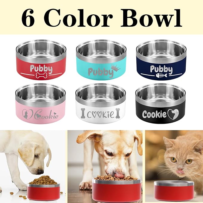 64OZ Personalized Dog Bowl Laser Engraved Custom Pet Name 18/32/42/64 oz No Slip Stainless Steel Insulated Bite-Resistant Food Water Dishes-White