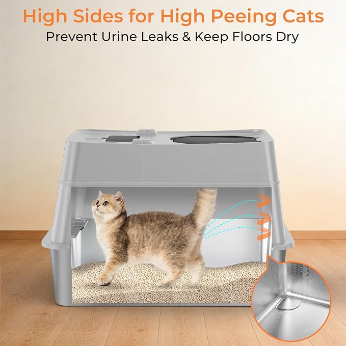 URPOWER Stainless Steel Cat Litter Box with 110° Flip-Top Lid, XL Enclosed Metal Litter Box for Large Cats, Odor Control, Anti-Urine Leakage, Non-Stick Pan, Front Entry Top Exit, Scoop & Mat Included