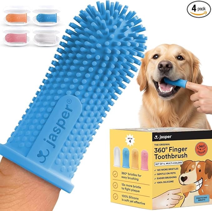 Jasper Dog Toothbrush, 360 Degree Pet Tooth Brushing Kit, Cat Toothbrush, Canine Dental Care & Teeth Cleaning Kit, Pet Finger Tooth Brush, Use with Dog Toothpaste, 4-Pack Multicolor
