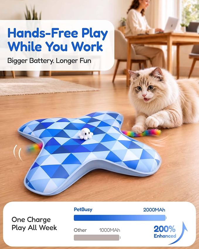 PetBusy [Baby Grade Automatic Hide &Seek Interactive Cat Toys for Indoor Cats,[Week-Long Big Battery] Rechargeable Smart Touch-Activated Kitten Toy with Moving Rainbow Tail for Bored Adult Cats, Blue