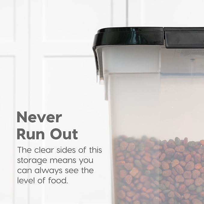 IRIS USA Airtight Dog Food Storage Container, WeatherPro, Up to 25 lbs, Removable Wheels, for Dog Cat Bird and Other Pet Food Storage Bin, Keep Fresh, Translucent Body, Made in USA, Clear/Black