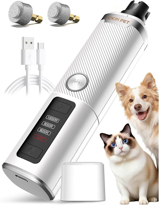 Dog Nail Grinder, Electric Dog Nail Trimmer Quiet with 2 LED Lights, 3-Speed Pet Nail Grinder for Dogs & Cats, Rechargeable 2000mAh Nail Grinder for Small Medium Large Dogs with Light, White