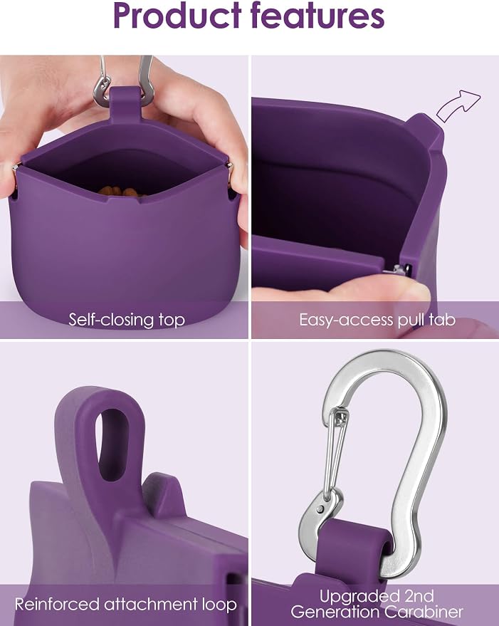 1 Cup Silicone Dog Training Treat Pouch(Purple) | Clip on Leash or Belt Loop, One-Hand Access with Pull Tab, Small Pocket Sized, Auto Closing Lid for Pet Training & Walking