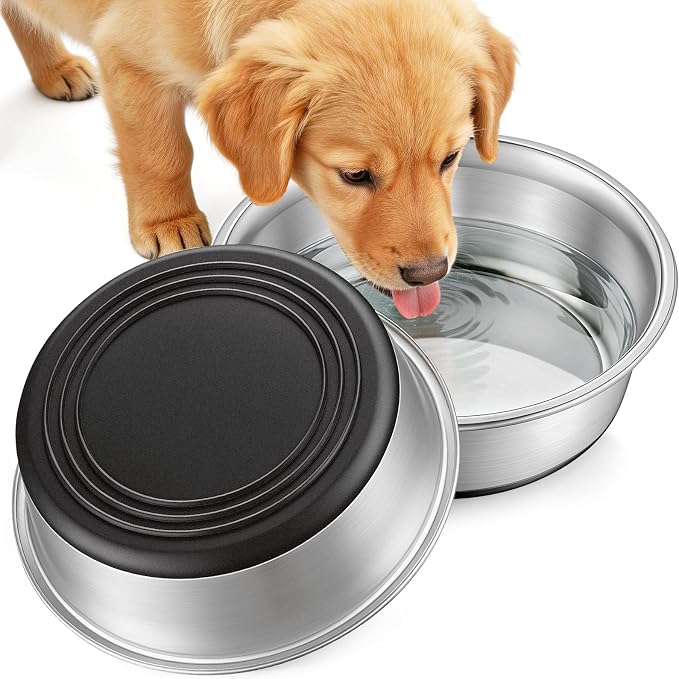 Stainless Steel Dog Bowls Set of 2, Extra Thick Metal Bowls, with Non-Slip Rubber Base Dog Bowl, BPA Free, Holds 2 Cups(16 fl oz), for Small Dogs & Cats, Black