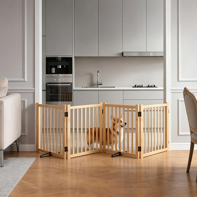 YOCAN Non-Painted Wooden Freestanding Dog Gates for The House,Doorways, Stairs,Wood Dog Fences Indoor Pet Gate,Step Over Fence-4 Panel H:23”