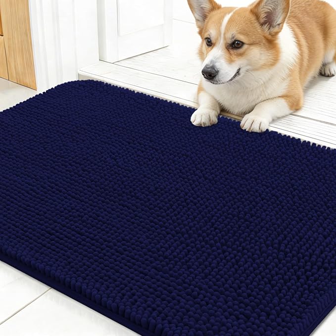 OLANLY Dog Door Mat for Muddy Paws 30x17, Super Absorbent Chenille Mud Mat | Navy Blue, Absorbs Moisture and Dirt, Non-Slip Machine Washable Doormat, Quick-Drying Indoor Entryway Floor Carpet for Dogs
