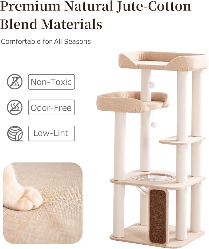 53'' Cat Tree for Large Cat, Modern Senior Friendly Cat Tower with Wide Shelves Low Step, Cotton Scratching Posts, Super Sturdy Base, Cozy Perches, and Interactive Toys (Ivory)
