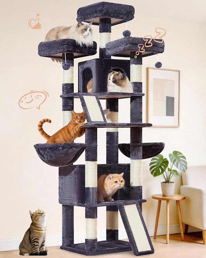 Taoqimiao Cat Tree for Large Cats, 76.8 Inches XL Cat Tower for Indoor Cats | 2 Scratch Boards, 3 Top Perches, 9 Scratching Posts, Multi-Level Cat Tree with 2 Condos, 2 Cozy Basket, Smoky Gray, T20G