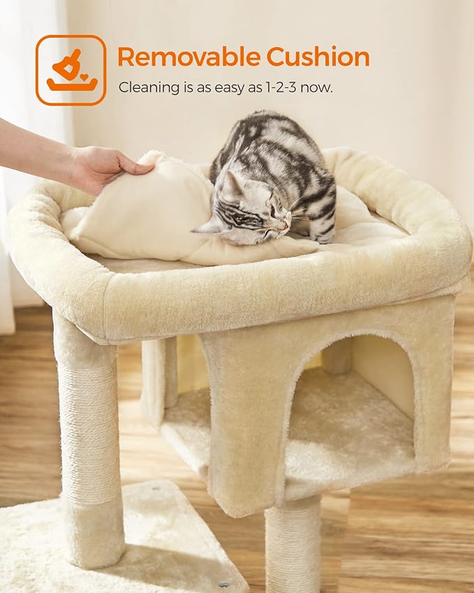 Feandrea Cat Tree, 33.1-Inch Cat Tower, Plush Condo for Large Cats up to 16 lb, Large Perch, 2 Caves, Scratching Post, Beige UPCT61M