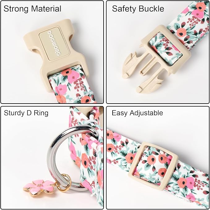 DOGWONG Flower Cotton Dog Collar, Spring Summer Cute Pink Dog Collar Durable Soft Fabric Pet Dog Collars Female Girl Necklace for Small Medium Large Dogs
