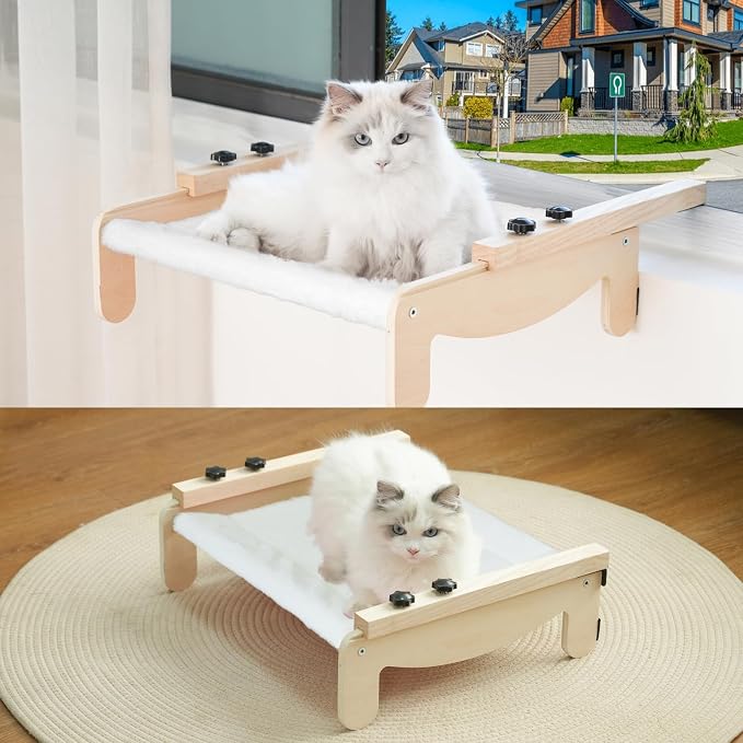 Cat Window Perch, Wooden Window Perch for Cats Inside, 2 in1 Cat Hammock for Window, Versatile Cat Window Bed, Multi Installation Place Window Cat Bed for Windowsill Bedside Drawer and Cabinet
