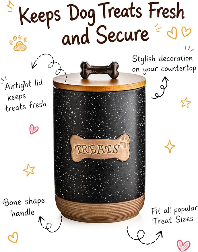 Miamolo Dog Treat Container Airtight Ceramic Dog Treat Jar with Wooden Lid, 8 Cups Dog Food Storage Container for Countertop, Decorative Dog Cookie Jar Canister with Handle - Bone Dotted Black