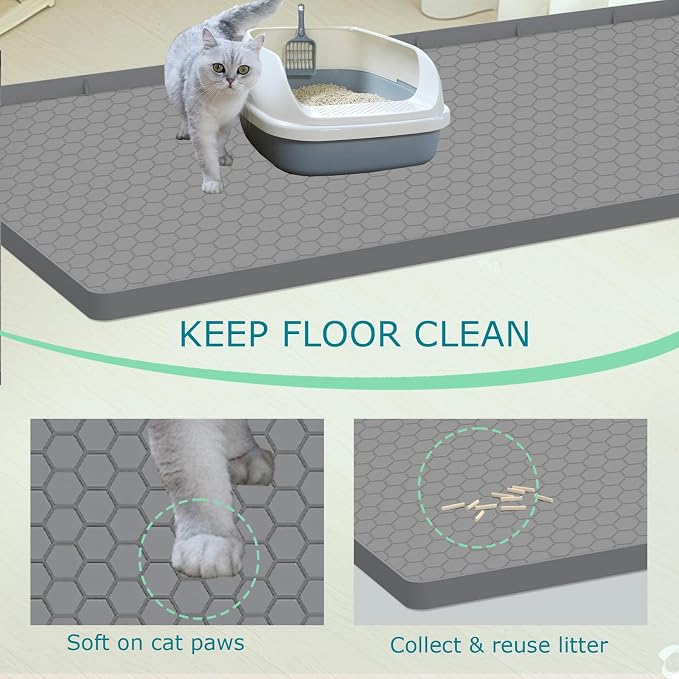 Cat Litter Mat for Litter Box, Silicone Large Cat Litter Trapping Mat - 37x22 in, Waterproof & Non-Slip, Durable & Easy Clean, Grey