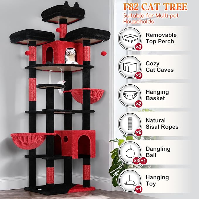Globlazer Gothic Cat Tree Tower for Multiple Adult Cats, 82in, F82, Goth | XXL Tall Cat Tree Tower for Indoor Cats with Scratching Post, 3 Perches, 2 Condos, 2 Hanging Baskets