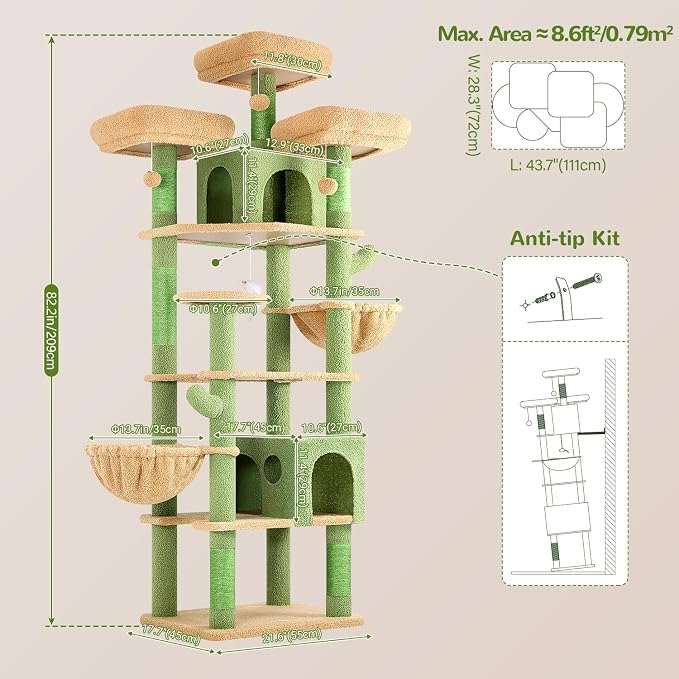 Globlazer Cactus Cat Tree Tower for Multiple Adult Cats, 82in, F82, Green | XXL Tall Cat Tree Tower for Indoor Cats with Scratching Post, 3 Perches, 2 Condos, 2 Hanging Baskets