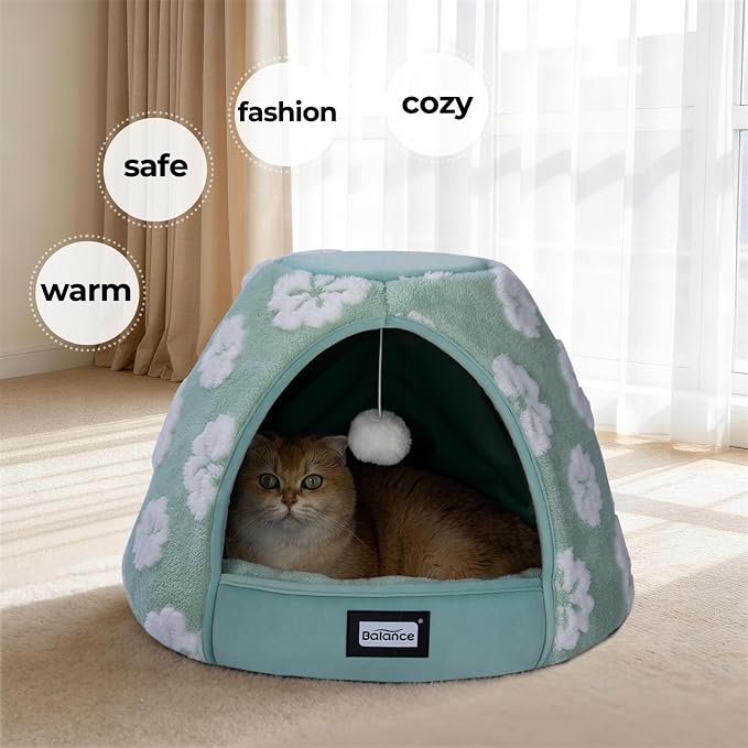 BALANCE Cat Beds for Indoor Cats, 2-in-1 Cat Bed Cave with Anti-Slip Bottom and Ultra-Soft Plush, Cozy Cats House Tent for Kittens and Small Dogs, 21 Inches, Green