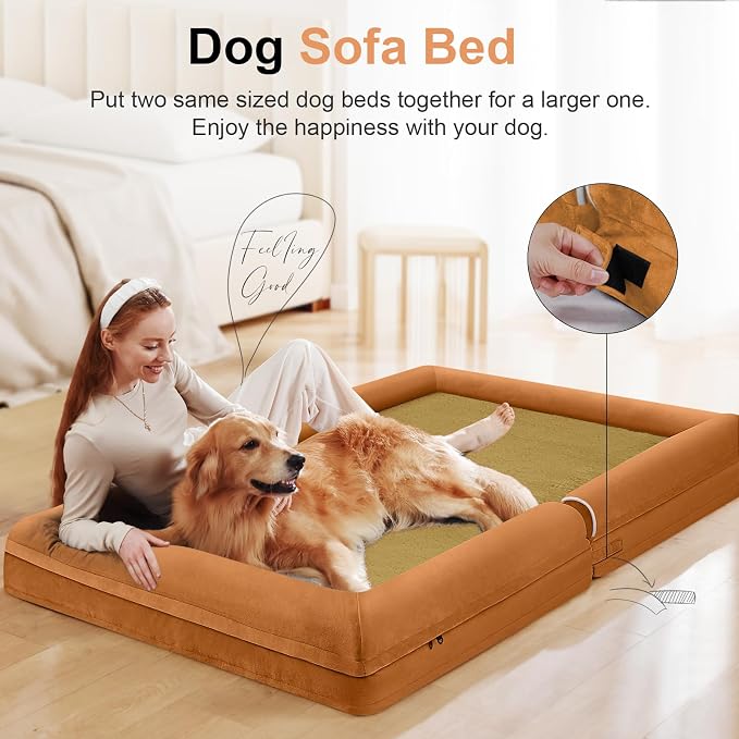 NANUYA Orthopedic Dog Bed for XX-Large Dogs, 44 x 34 Inch, Orange | Egg crate foam for joint support, 3-sided bolster pet sofa, waterproof lining, washable cover, and non-skid base