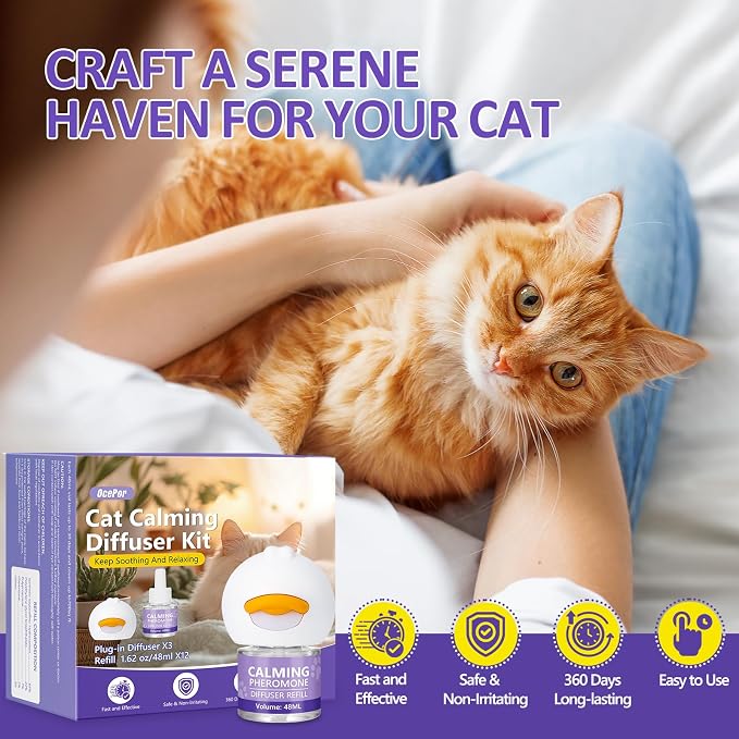 OcePor Cat Calming Diffuser,360-Day Pheromone Diffuser 12 Refills & 3 Plugs | Cat Pheromones Calming Diffuser Refill Kit for Pee Spraying, Aggression, Meowing & Scratching, Relieve Anxiety Stress